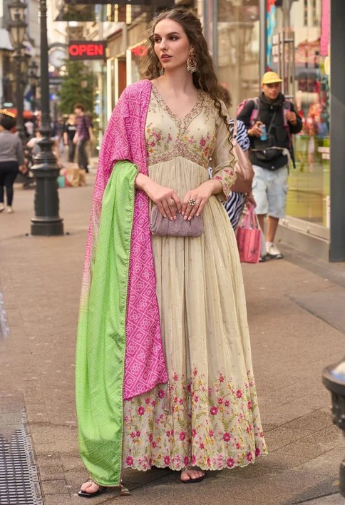 Designer Beige Pink Floral Embroidered Indo Western Simar Silk Anarkali Gown